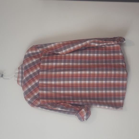 JEANSWEST Orange Red Gray Plaid Pearl Snap Pocket Roll-Tab Western Shirt - Picture 10 of 15